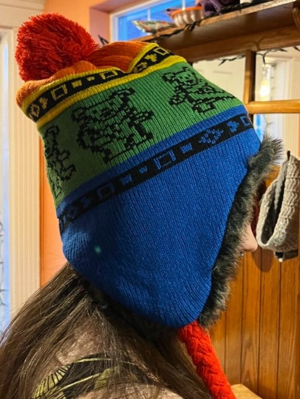 Grateful Dead Rainbow Knit Pom-Pom, Faux Fur Lined Flap Hat with Tassels - NWT - Picture 7 of 9